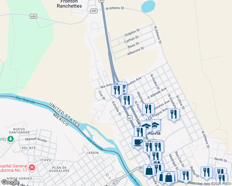 map of restaurants, bars, coffee shops, grocery stores, and more near 1671 North Grant Street in Roma