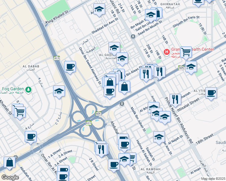 map of restaurants, bars, coffee shops, grocery stores, and more near King Fahd Road in Dammam