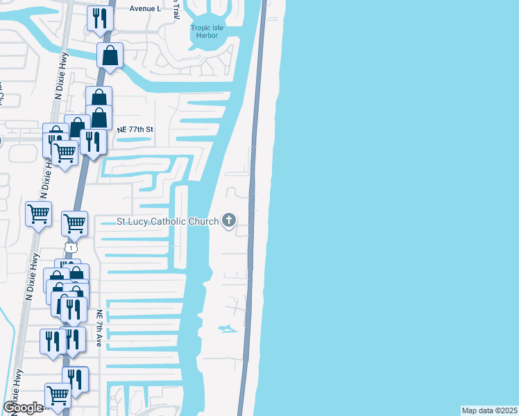 map of restaurants, bars, coffee shops, grocery stores, and more near 3419 South Ocean Boulevard in Highland Beach