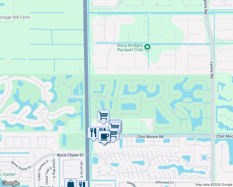 map of restaurants, bars, coffee shops, grocery stores, and more near 17529 Middlebrook Way in Boca Raton