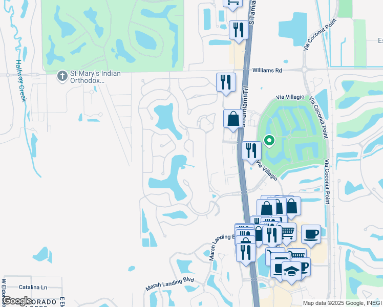 map of restaurants, bars, coffee shops, grocery stores, and more near 22241 Fountain Lakes Boulevard in Estero