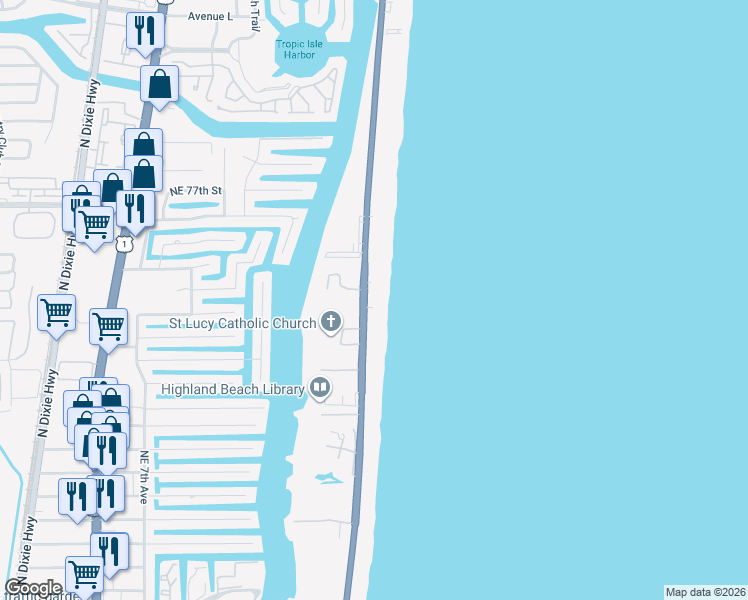 map of restaurants, bars, coffee shops, grocery stores, and more near 3407 South Ocean Boulevard in Highland Beach