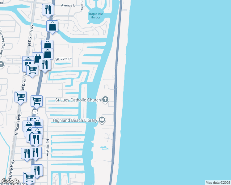 map of restaurants, bars, coffee shops, grocery stores, and more near 3450 South Ocean Boulevard in Highland Beach