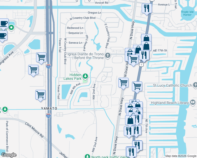 map of restaurants, bars, coffee shops, grocery stores, and more near 121 Northwest 72nd Diagonal in Boca Raton