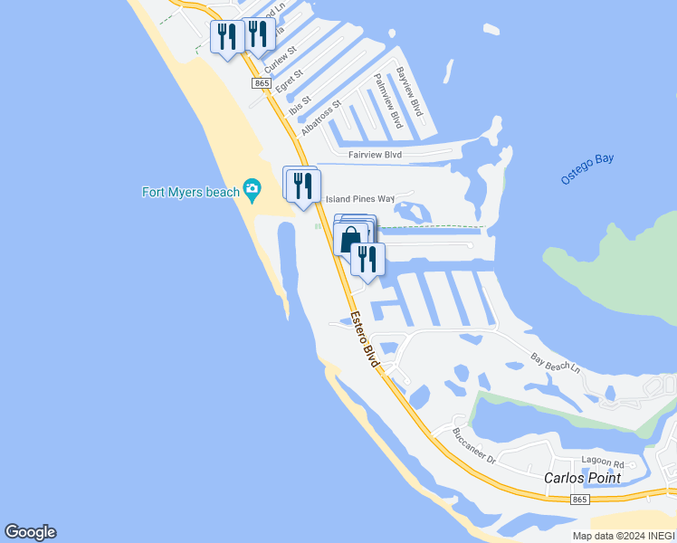 map of restaurants, bars, coffee shops, grocery stores, and more near 7146 Estero Boulevard in Fort Myers Beach