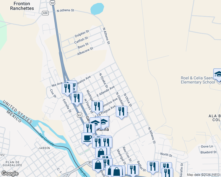 map of restaurants, bars, coffee shops, grocery stores, and more near 1303 North Ozaka Street in Roma