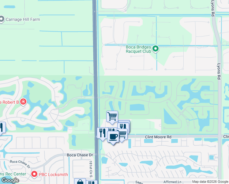 map of restaurants, bars, coffee shops, grocery stores, and more near 17719 Villa Club Way in Boca Raton