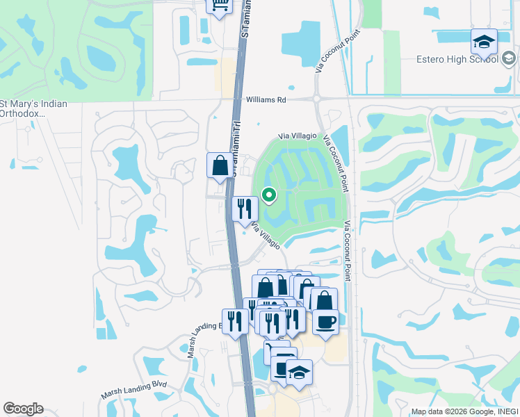 map of restaurants, bars, coffee shops, grocery stores, and more near 8524 Via Lungomare Circle in Estero