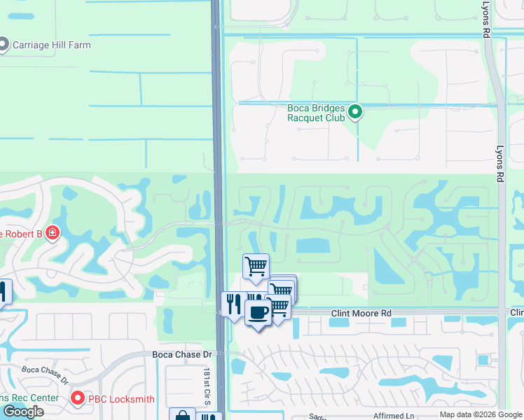 map of restaurants, bars, coffee shops, grocery stores, and more near 17719 Villa Club Way in Boca Raton