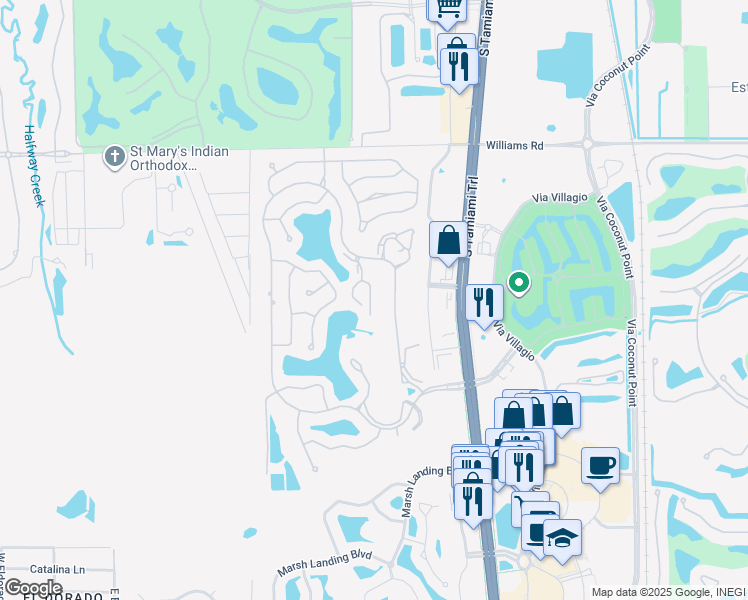 map of restaurants, bars, coffee shops, grocery stores, and more near 22291 Fountain Lakes Boulevard in Estero