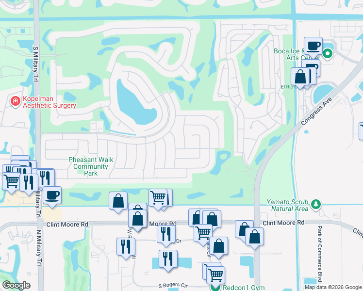 map of restaurants, bars, coffee shops, grocery stores, and more near 17599 Weeping Willow Trail in Boca Raton