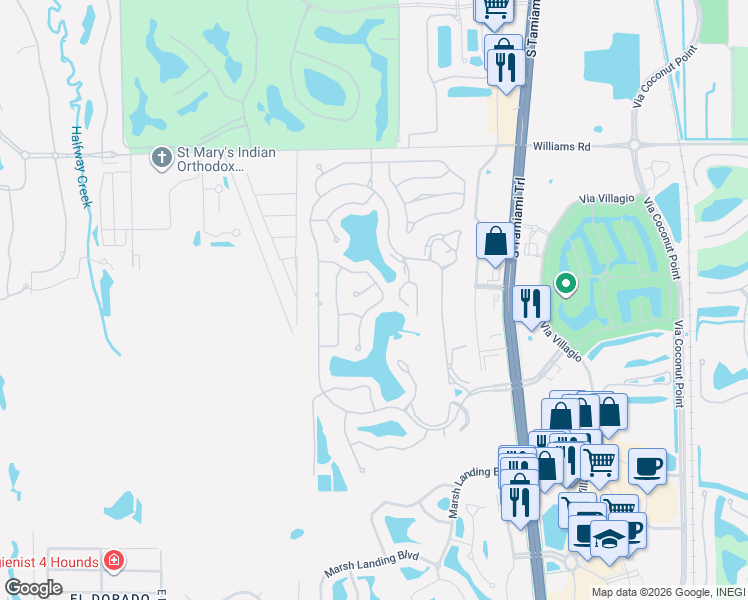map of restaurants, bars, coffee shops, grocery stores, and more near 22625 Island Lakes Drive in Estero