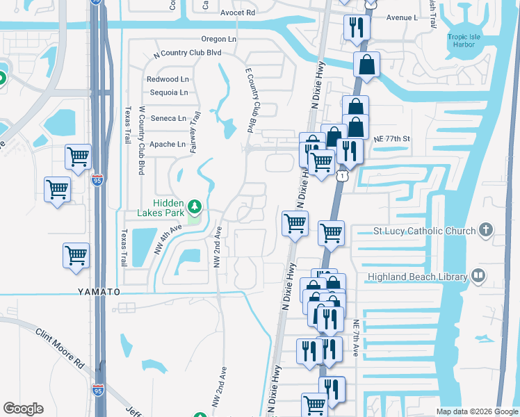 map of restaurants, bars, coffee shops, grocery stores, and more near 31 Lariat Circle in Boca Raton