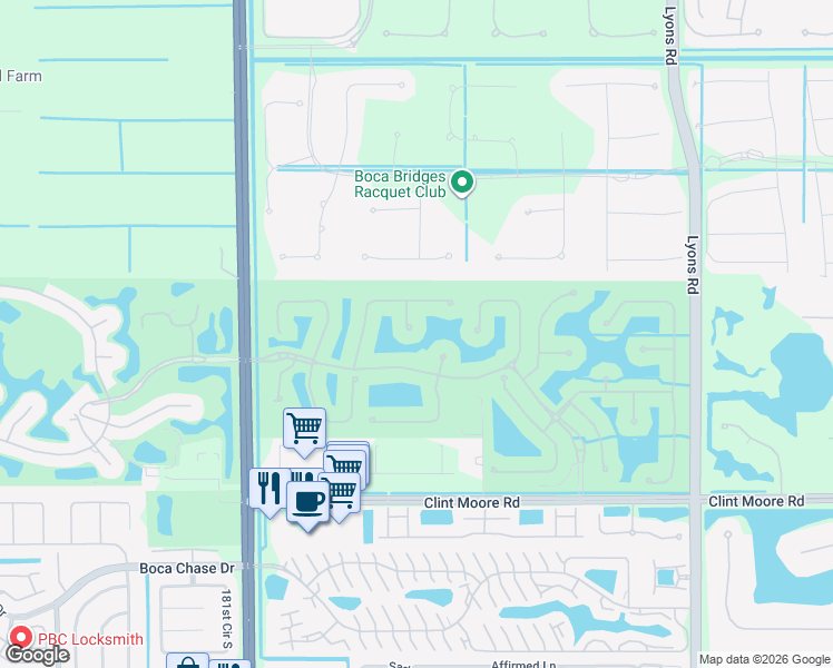 map of restaurants, bars, coffee shops, grocery stores, and more near 17582 Middle Lake Drive in Boca Raton