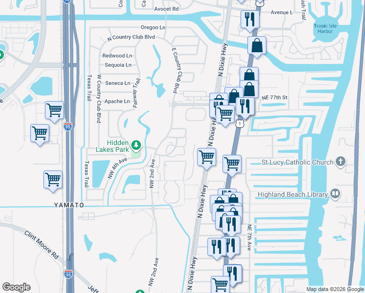 map of restaurants, bars, coffee shops, grocery stores, and more near 31 Lariat Circle in Boca Raton