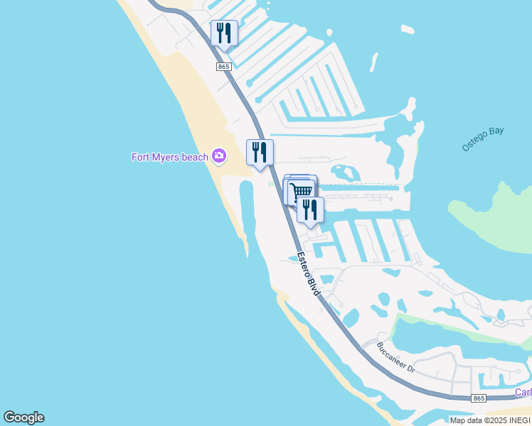 map of restaurants, bars, coffee shops, grocery stores, and more near 7100 Estero Boulevard in Fort Myers Beach