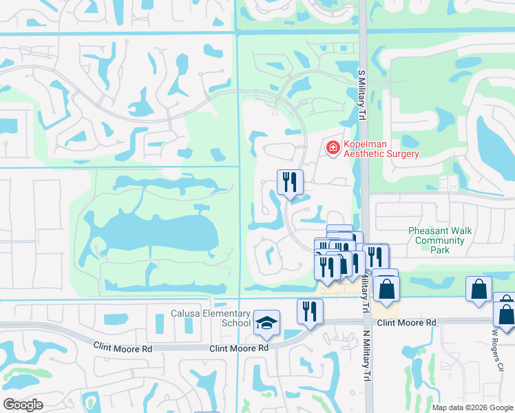 map of restaurants, bars, coffee shops, grocery stores, and more near 17629 Ashbourne Lane in Boca Raton