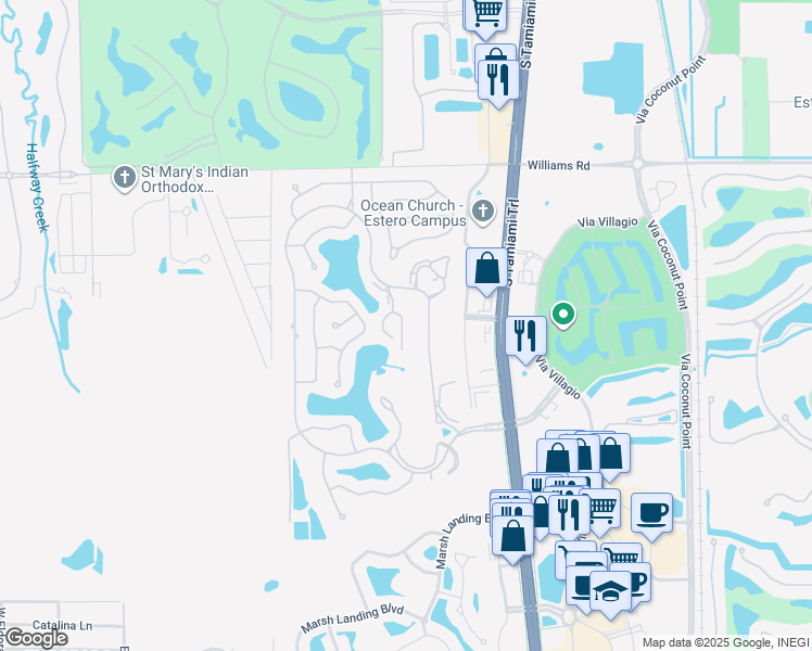 map of restaurants, bars, coffee shops, grocery stores, and more near 22291 Fountain Lakes Boulevard in Estero