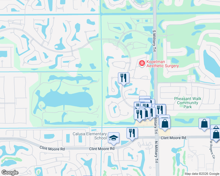 map of restaurants, bars, coffee shops, grocery stores, and more near 17629 Ashbourne Lane in Boca Raton