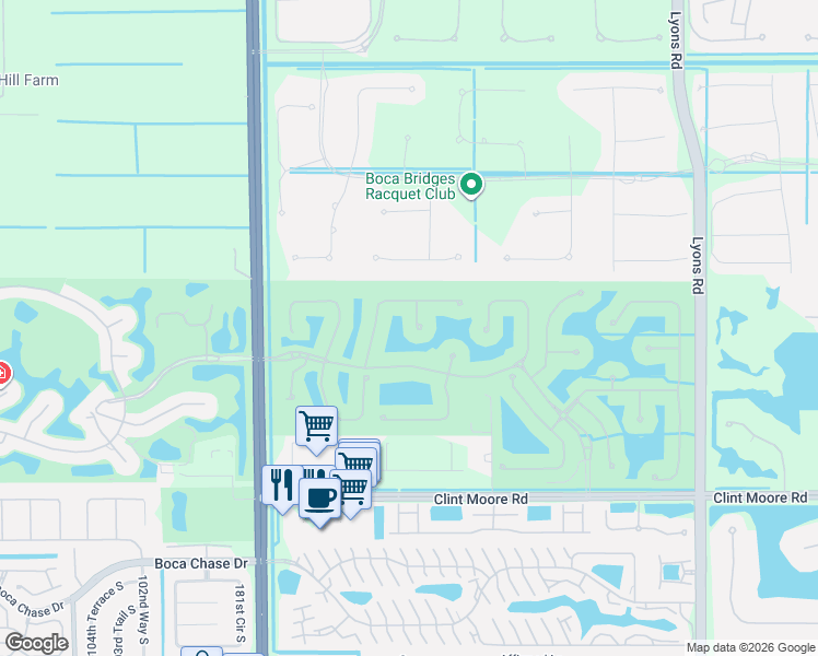 map of restaurants, bars, coffee shops, grocery stores, and more near 17582 Middle Lake Drive in Boca Raton