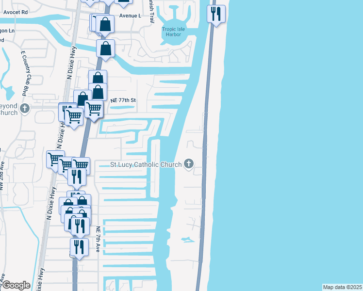 map of restaurants, bars, coffee shops, grocery stores, and more near 3420 South Ocean Boulevard in Highland Beach