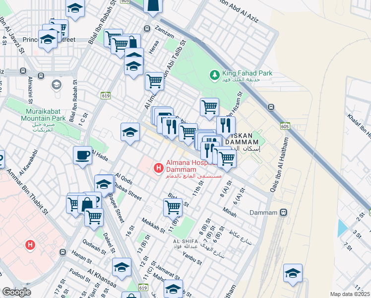 map of restaurants, bars, coffee shops, grocery stores, and more near Fatema Al Zahra Street in Dammam
