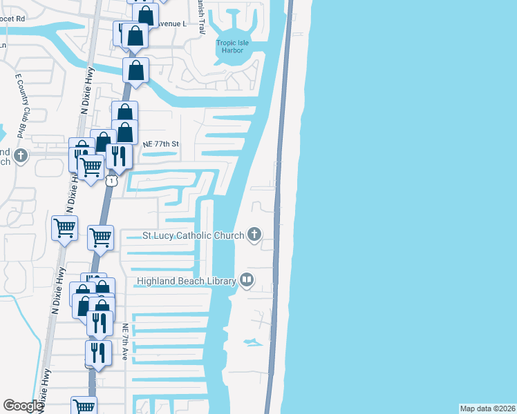 map of restaurants, bars, coffee shops, grocery stores, and more near 3400 South Ocean Boulevard in Highland Beach