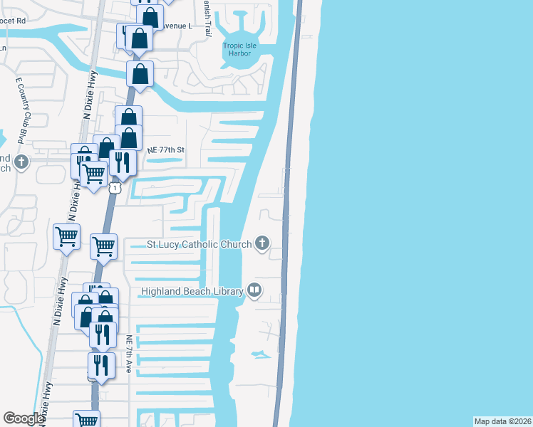 map of restaurants, bars, coffee shops, grocery stores, and more near 3400 South Ocean Boulevard in Highland Beach