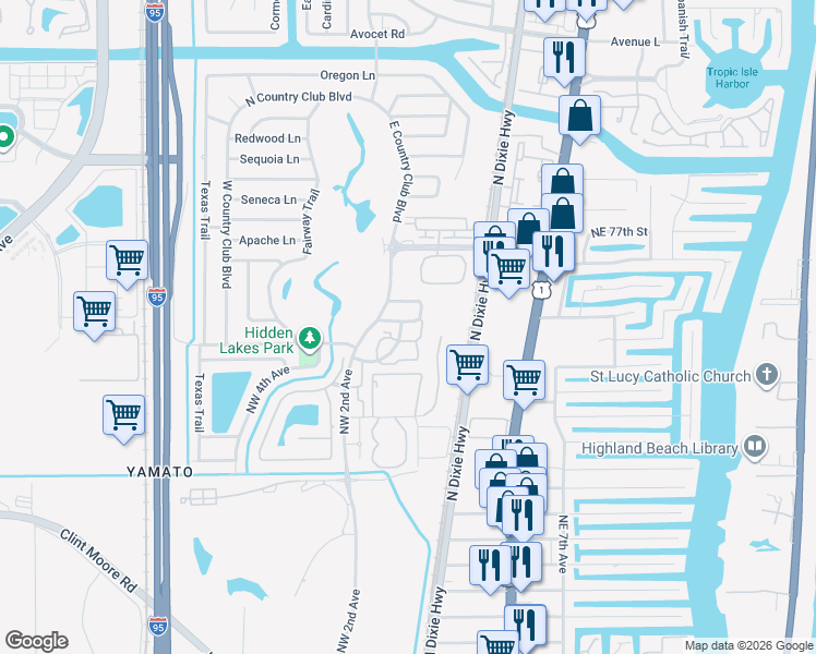 map of restaurants, bars, coffee shops, grocery stores, and more near 31 Lariat Circle in Boca Raton