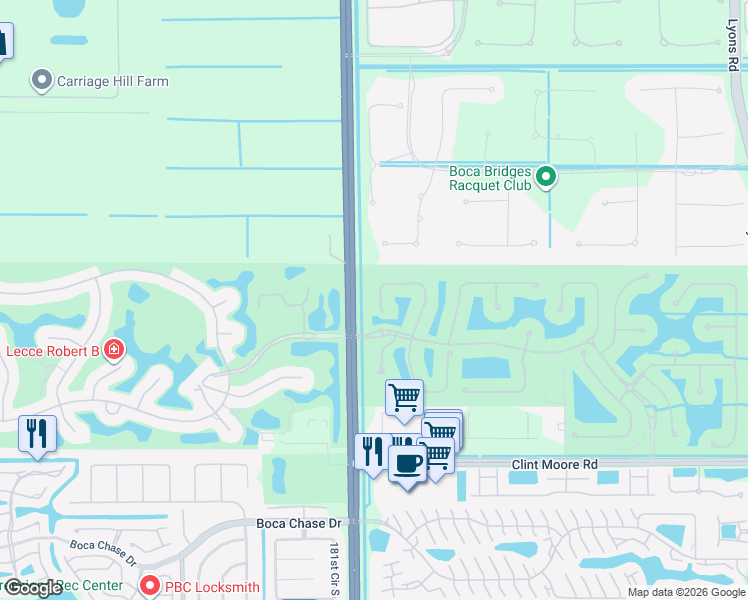 map of restaurants, bars, coffee shops, grocery stores, and more near 17550 Circle Pond Court in Boca Raton