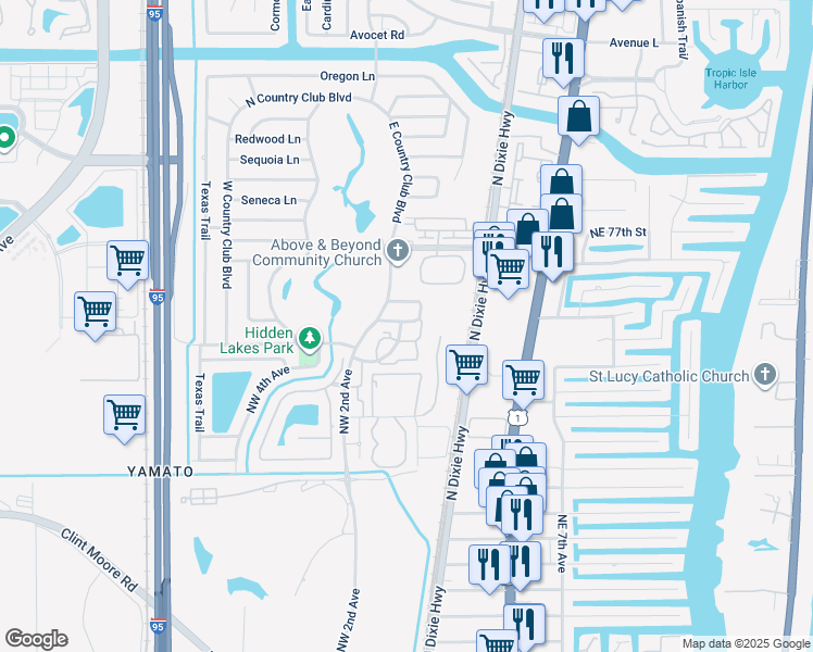 map of restaurants, bars, coffee shops, grocery stores, and more near 31 Lariat Circle in Boca Raton