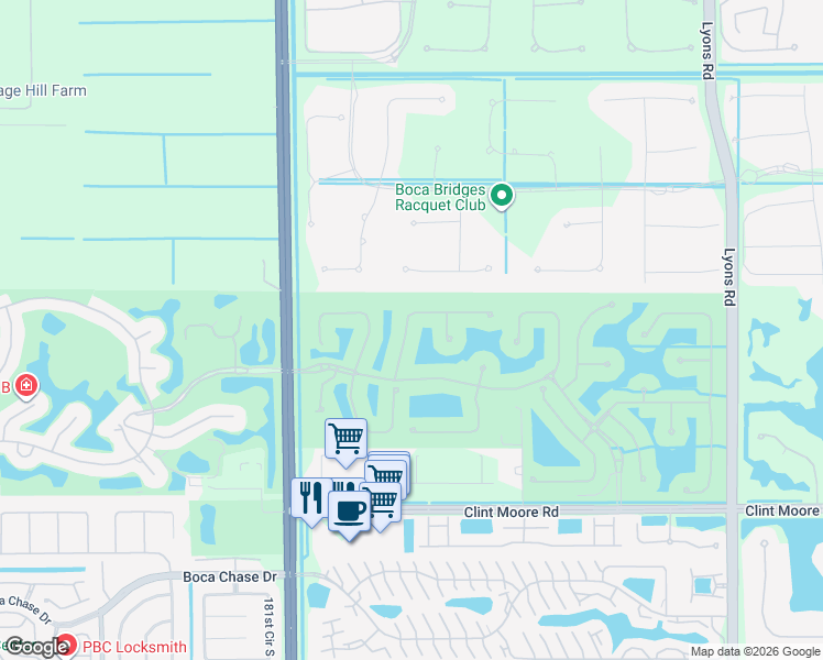 map of restaurants, bars, coffee shops, grocery stores, and more near 17586 Middlebrook Way in Boca Raton