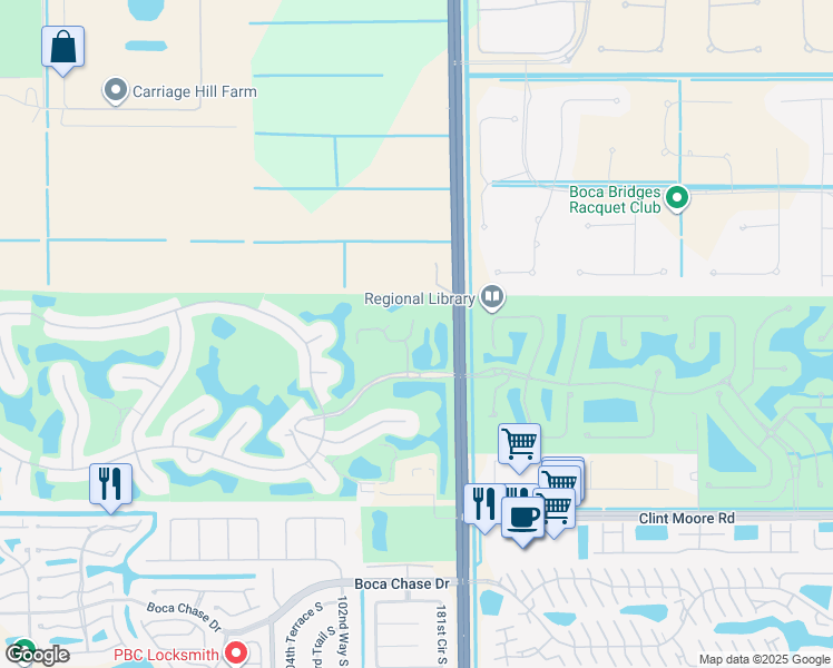 map of restaurants, bars, coffee shops, grocery stores, and more near 10106 Spyglass Way in Boca Raton
