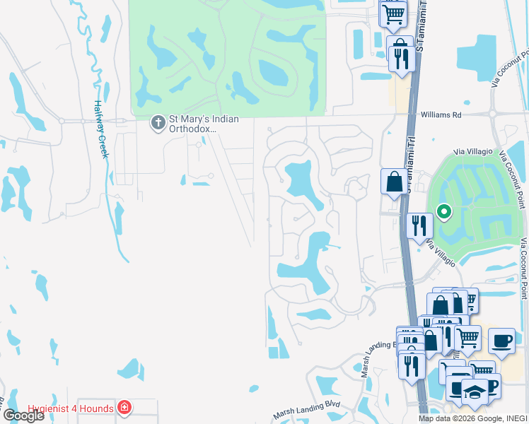 map of restaurants, bars, coffee shops, grocery stores, and more near 22620 Fountain Lakes Boulevard in Estero