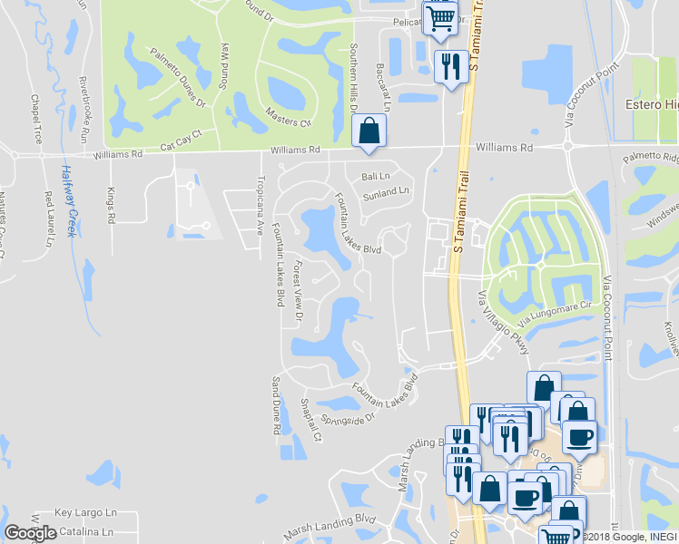 map of restaurants, bars, coffee shops, grocery stores, and more near 22625 Island Lakes Drive in Estero
