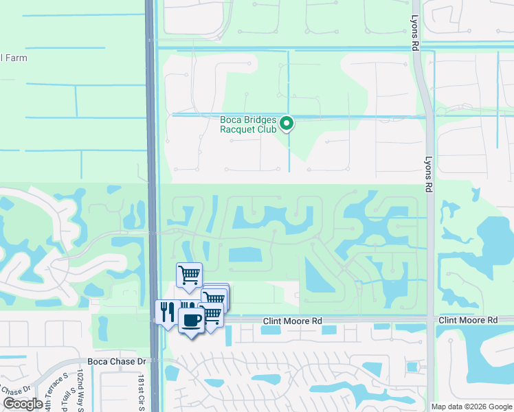map of restaurants, bars, coffee shops, grocery stores, and more near 17582 Middle Lake Drive in Boca Raton