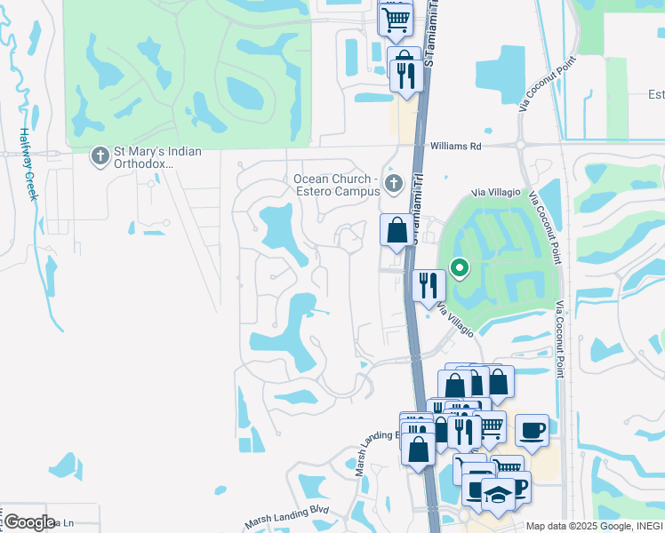 map of restaurants, bars, coffee shops, grocery stores, and more near 22291 Fountain Lakes Boulevard in Estero
