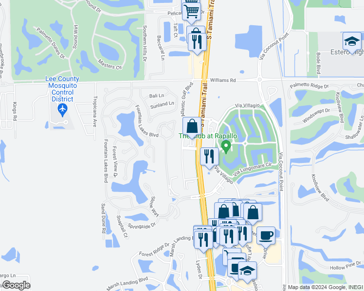 map of restaurants, bars, coffee shops, grocery stores, and more near 22350 South Tamiami Trail in Estero