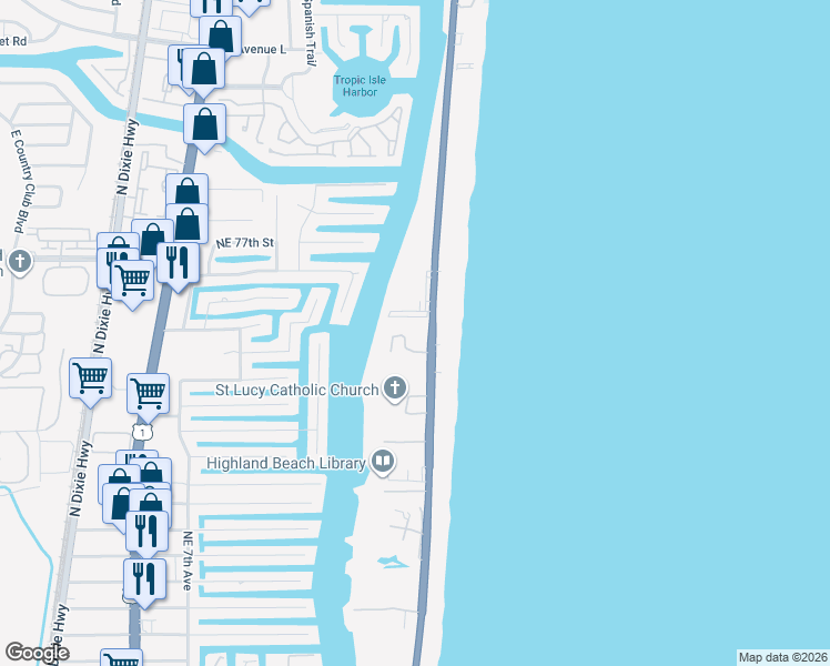 map of restaurants, bars, coffee shops, grocery stores, and more near 3400 South Ocean Boulevard in Highland Beach