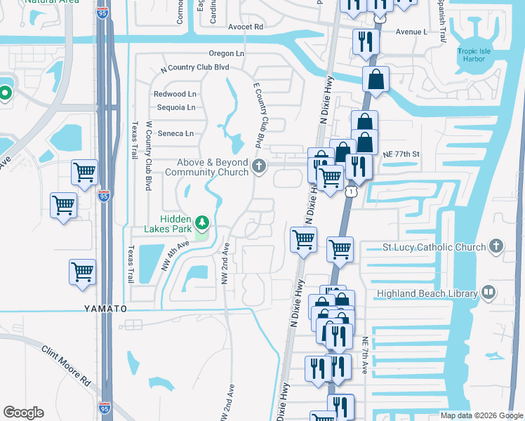 map of restaurants, bars, coffee shops, grocery stores, and more near 31 Lariat Circle in Boca Raton