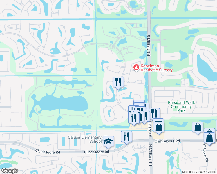 map of restaurants, bars, coffee shops, grocery stores, and more near 17629 Ashbourne Lane in Boca Raton