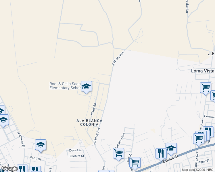 map of restaurants, bars, coffee shops, grocery stores, and more near 751 North Ebony Avenue in Roma