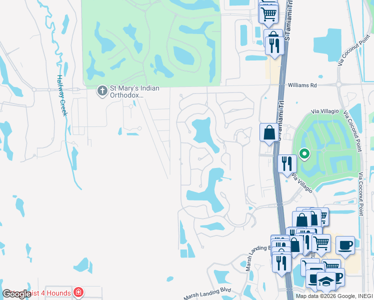 map of restaurants, bars, coffee shops, grocery stores, and more near 22620 Fountain Lakes Boulevard in Estero