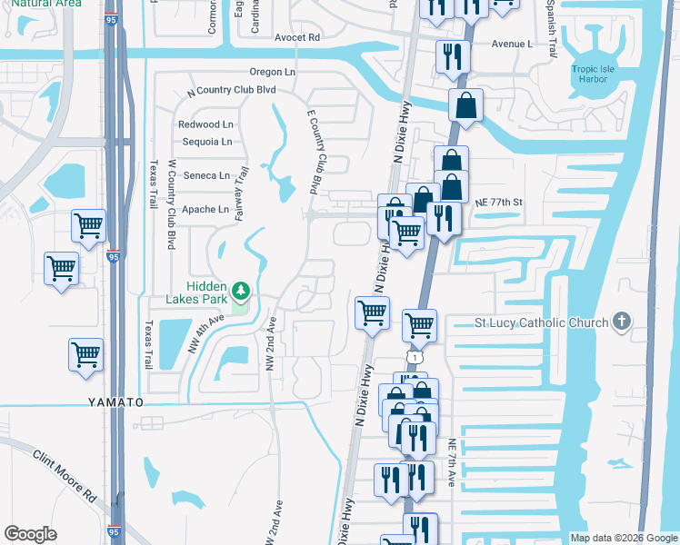 map of restaurants, bars, coffee shops, grocery stores, and more near 48 Lariat Circle in Boca Raton