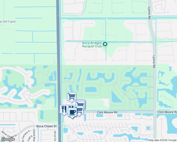 map of restaurants, bars, coffee shops, grocery stores, and more near 17586 Middlebrook Way in Boca Raton