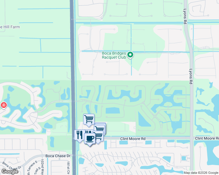 map of restaurants, bars, coffee shops, grocery stores, and more near 17586 Middlebrook Way in Boca Raton