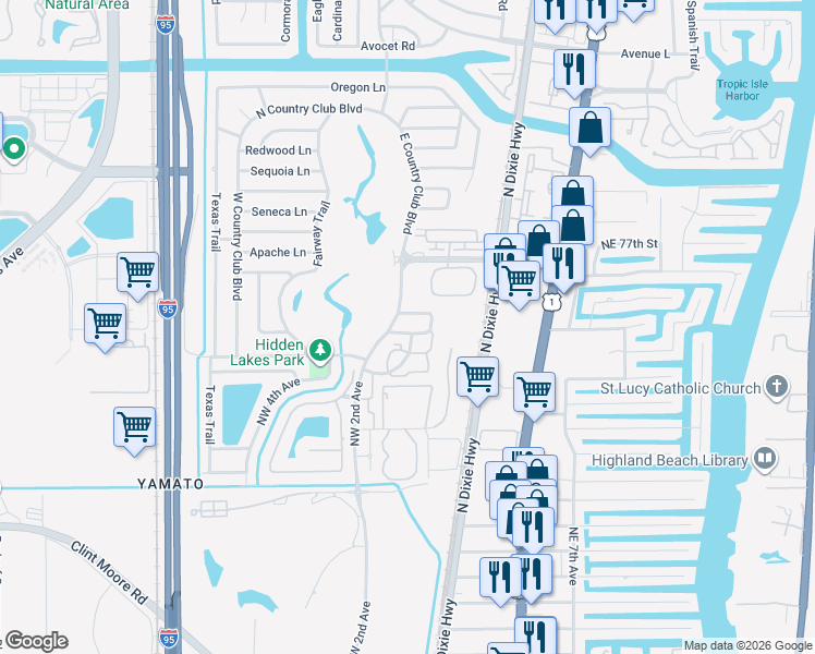 map of restaurants, bars, coffee shops, grocery stores, and more near 31 Lariat Circle in Boca Raton