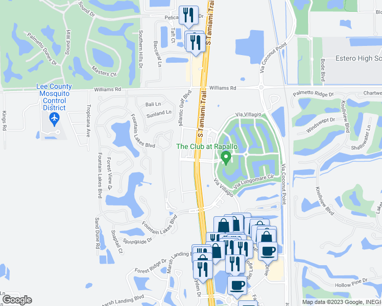 map of restaurants, bars, coffee shops, grocery stores, and more near 22350 South Tamiami Trail in Estero