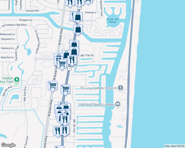 map of restaurants, bars, coffee shops, grocery stores, and more near 800 Northeast Orchid Bay Drive in Boca Raton