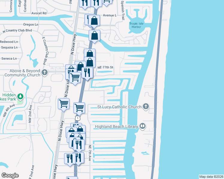 map of restaurants, bars, coffee shops, grocery stores, and more near 800 Northeast Orchid Bay Drive in Boca Raton